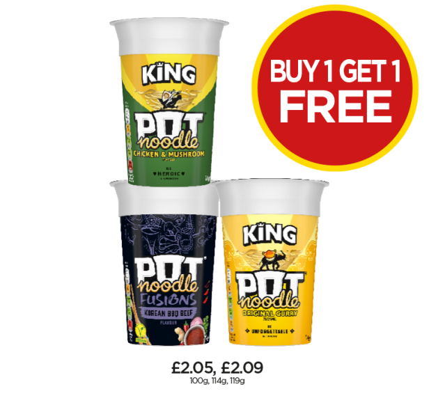 Pot Noodle Chicken & Mushroom, Original Curry, Fusions Korean BBQ Beef - Buy 1 Get 1 FREE at Budgens