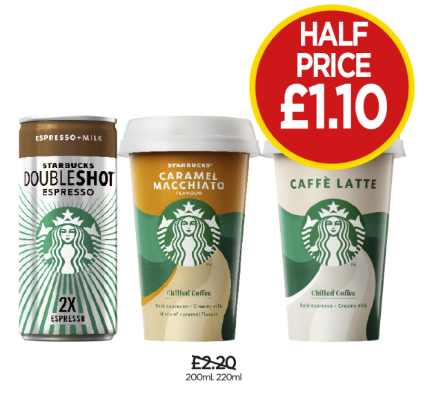 Starbucks Double Shot Espresso, Caramel Macchiato, Caffè Latte - Now Half Price Only £1.20 at Budgens