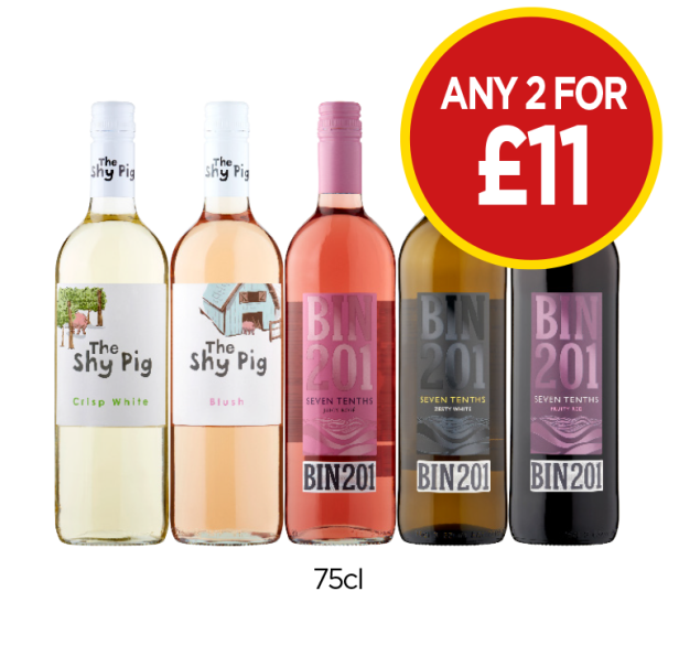 The Shy Pig Crisp White, Blush, Seven Tenths Bin 201 Juicy Rosé, Zesty White, Fruity Red - Any 2 for £11 at Budgens