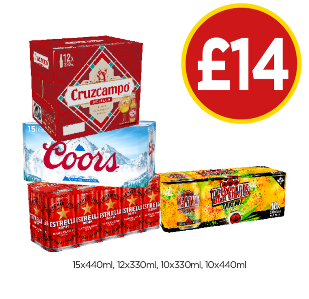 Cruzcampo, Coors, Estrella Desperados - Now Only £14 at Budgens