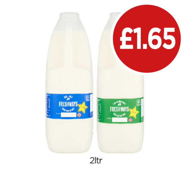 Freshways Milk Semi-Skimmed, Whole - Now Only £1.65 at Budgens
