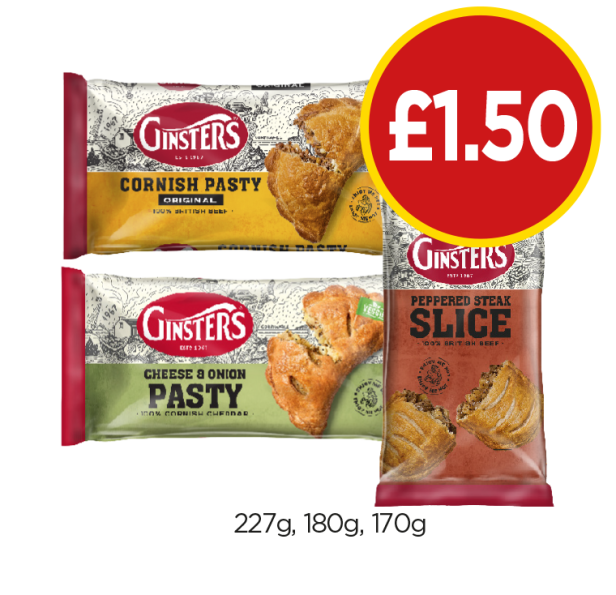 Ginsters Cornish Pasty, Cheese & Onion, Peppered Steak Slice - Now Only £1.50 at Budgens