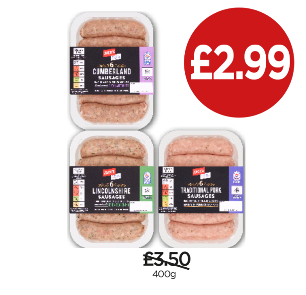 Jack's Sausages Cumberland, Lincolnshire, Traditional Pork - Now Only £2.99 at Budgens