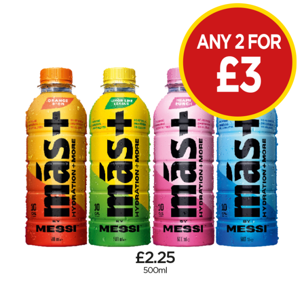 Más By Messi Orange D'Or, Limon Lime League, Miami Punch, Berry Copa Crush - Any 2 for £3 at Budgens