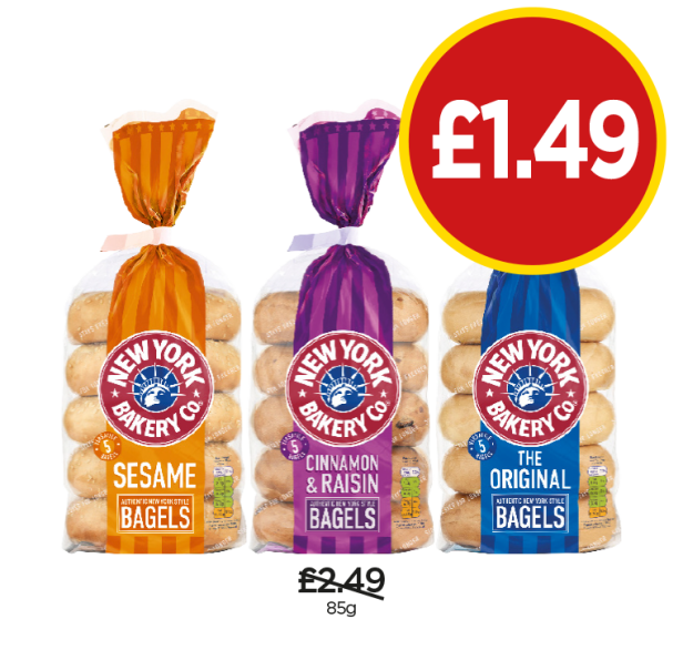 New York Bakery Bagels Original, Cinnamon & Raisin, Sesame - Now Only £1.49 at Budgens