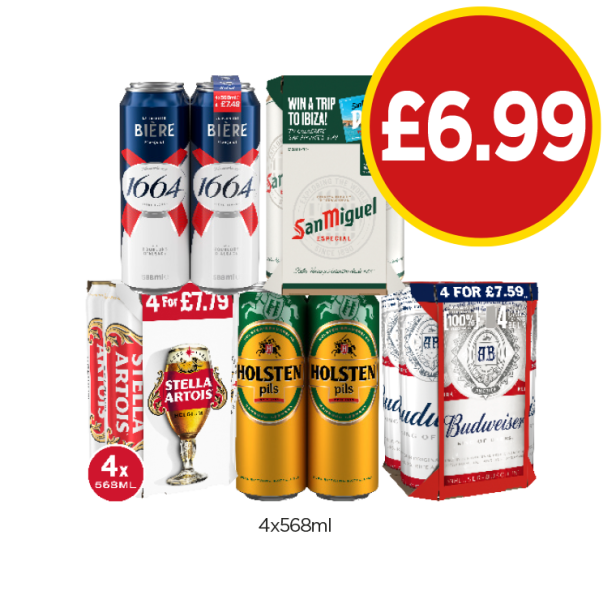 Kronenbourg, San Miguel, Stella Artois, Holsten Pilsner, Budweiser - Now Only £6.99 at Budgens