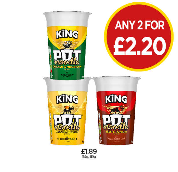 Pot Noodle Chicken & Mushroom, Original Curry, Beef & Tomato - Any 2 for £2.20 at Budgens