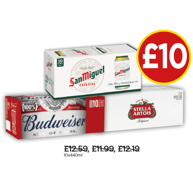 Budweiser, Stella Artois, San Miguel - Now £10 at Budgens