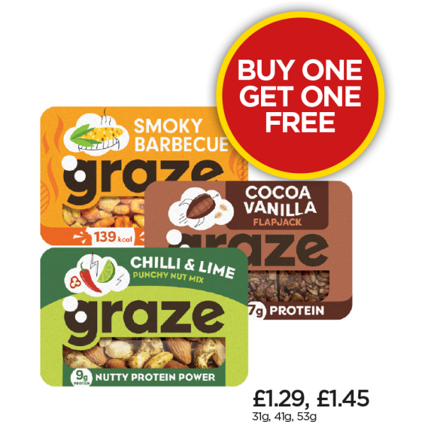 Graze Punchy Protein Power, Smoky Barbecue Crunch, Cacao & Vanilla Protein Flapjack - Buy One Get One Free at Budgens