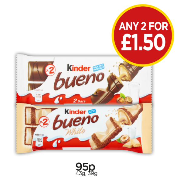 Kinder Bueno, White - Any 2 for £1.50 at Budgens