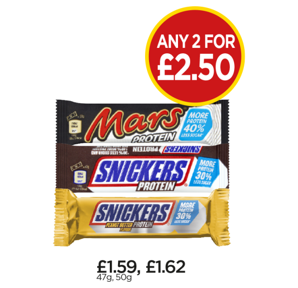 Mars Protein Bar, Snickers Protein, Protein Peanut Butter & Chocolate - Any 2 for £2.50 at Budgens