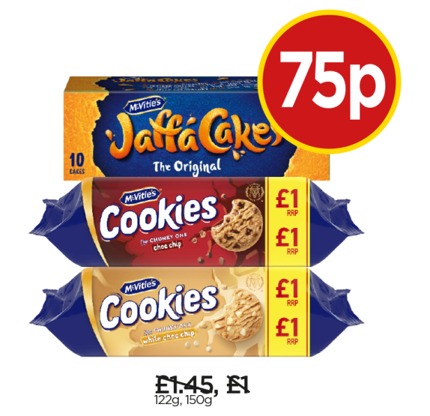 McVitie’s Chocolate Chip Cookies, White Chocolate Chip Cookies, Jaffa Cakes - Now 75p at Budgens