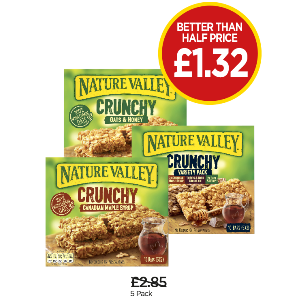Nature Valley Oats & Honey Bars, Maple Syrup Bars, Syrup Oats, Honey & Chocolate Bars - Was £2.85, Now £1.32 at Budgens