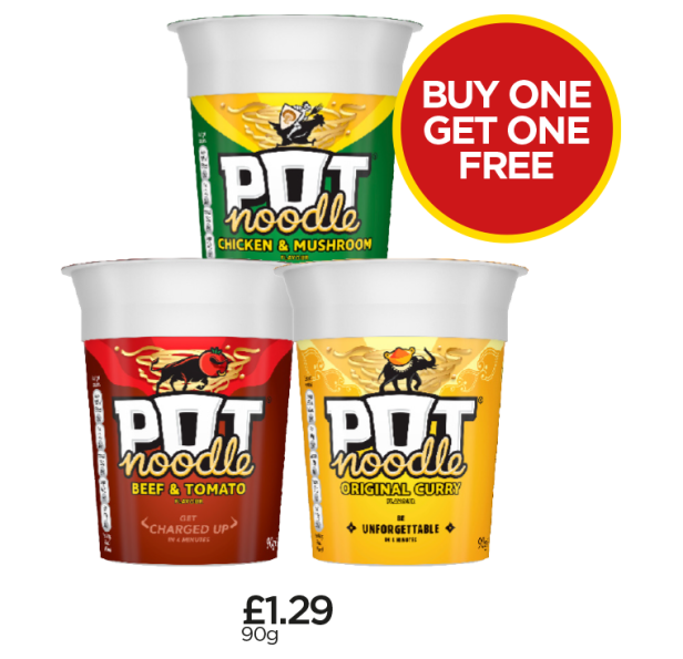 Pot Noodle Chicken & Mushroom, Beef & Tomato, Original Curry - Buy One Get One Free at Budgens