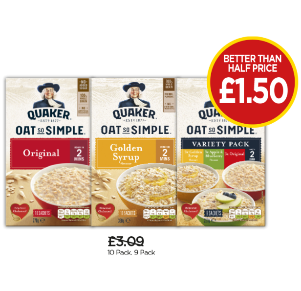 Quaker Oat So Simple Original Porridge Sachets, Golden Syrup Sachets, Variety Pack - Was £3.09, Now £1.50 at Budgens