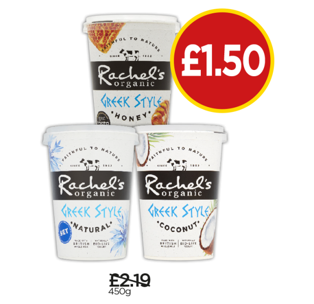 Rachel’s Organic Greek Style Natural Yogurt, Honey Yogurt, Coconut Yogurt - Was £2.19, Now £1.50 at Budgens
