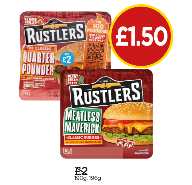 Rustlers Quarter Pounder Cheese, Meatless Maverick Burger - Was £2, Now £1.50 at Budgens