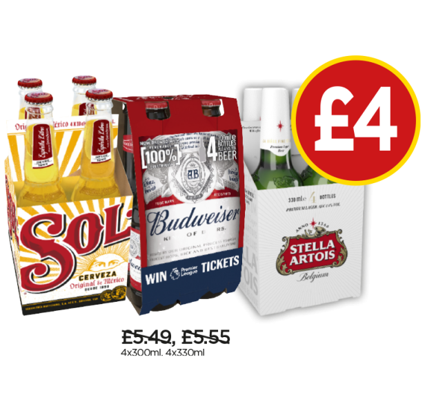 Sol Lager, Budweiser, Stella Artois Bottles - Now £4 at Budgens