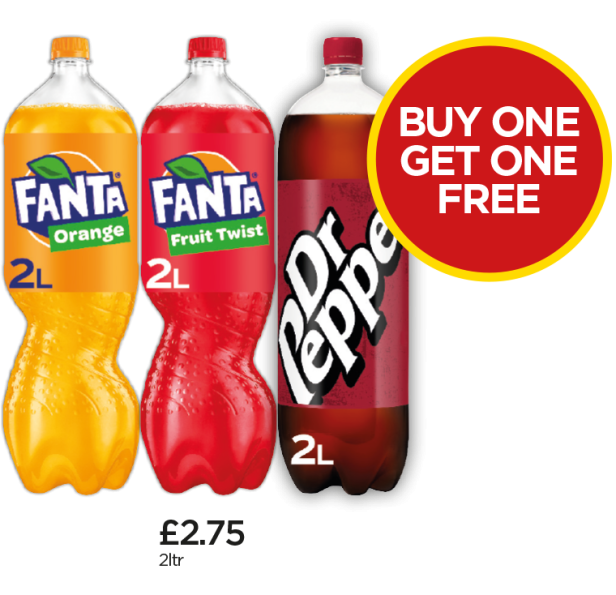 Fanta Orange, Fruit Twist, Dr Pepper - Buy One Get One Free at Budgens