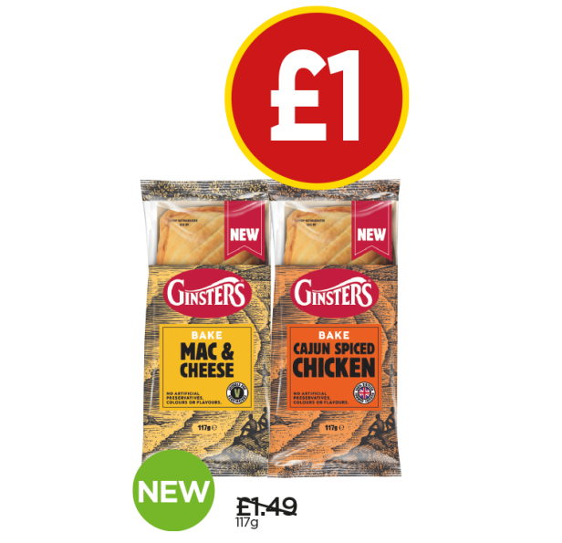 Ginsters Bakes Mac & Cheese, Cajun Spiced Chicken - Now £1 at Budgens