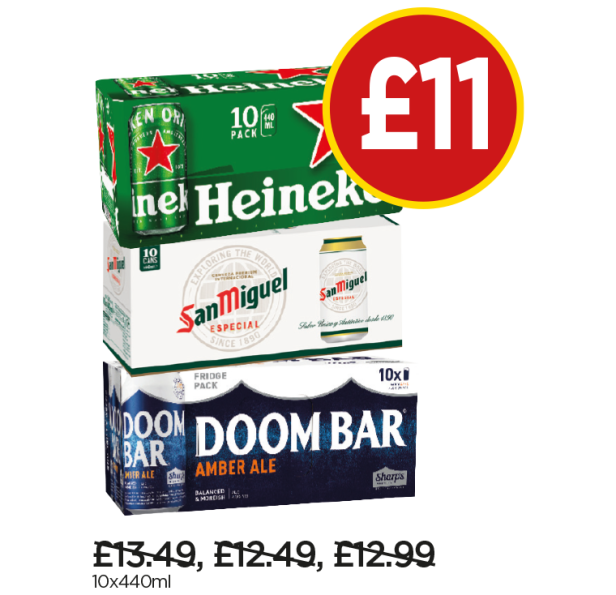 Heineken, San Miguel, Doom Bar Amber Ale - Now £11 at Budgens
