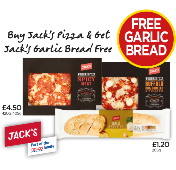 Jack’s Buffalo Mozzarella & Tomato Pizza, Wood Fired Spicy Meat Pizza, Garlic Baguettes - Free Garlic Bread at Budgens