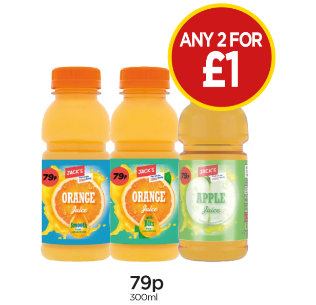 Jack’s Smooth Orange Juice, Orange Juice With Bits, Apple Juice - Any 2 for £1 at Budgens