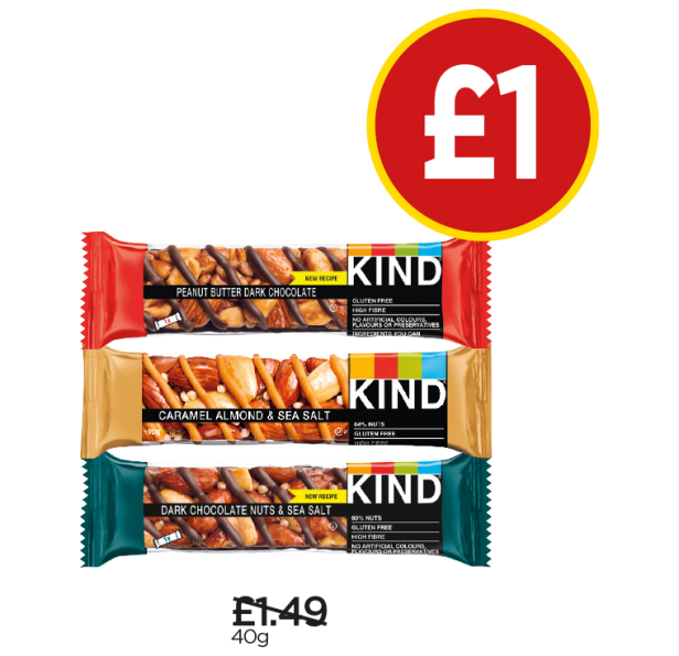 Kind Dark Chocolate, Nuts & Sea Salt Bar, Caramel, Almond & Sea Salt Bar, Peanut Butter & Dark Chocolate Bar - Was £1.49, Now £1 at Budgens