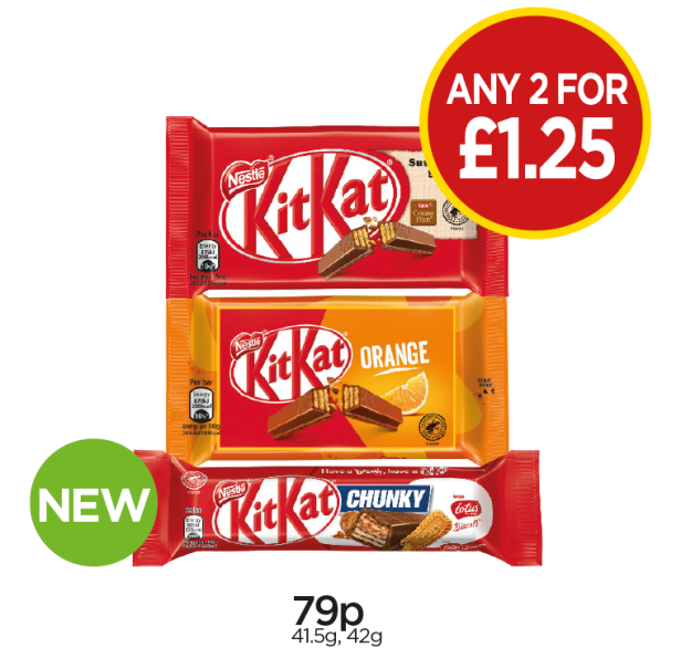 Kit Kat 4 Finger, Orange, Chunky Biscoff - Any 2 for £1.75 at Budgens