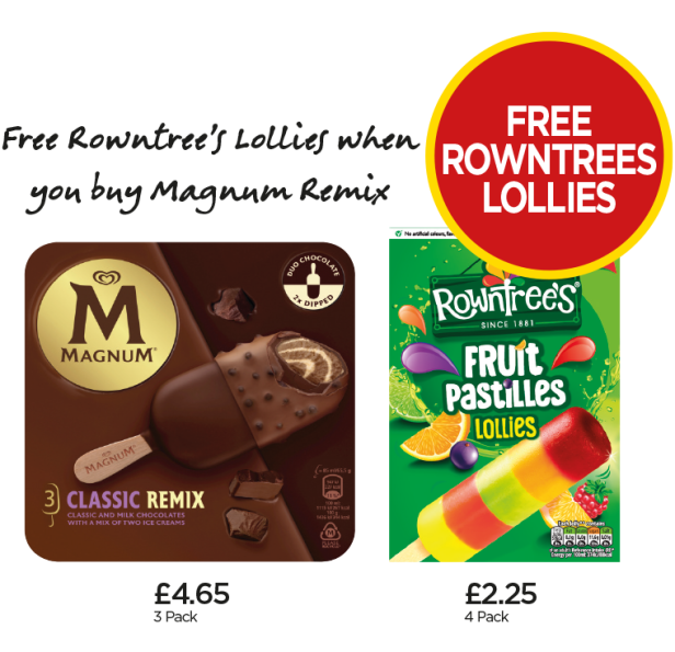 Magnum Remix, Rowntrees Fruit Pastille Lollies - Free Rowntrees Lollies at Budgens
