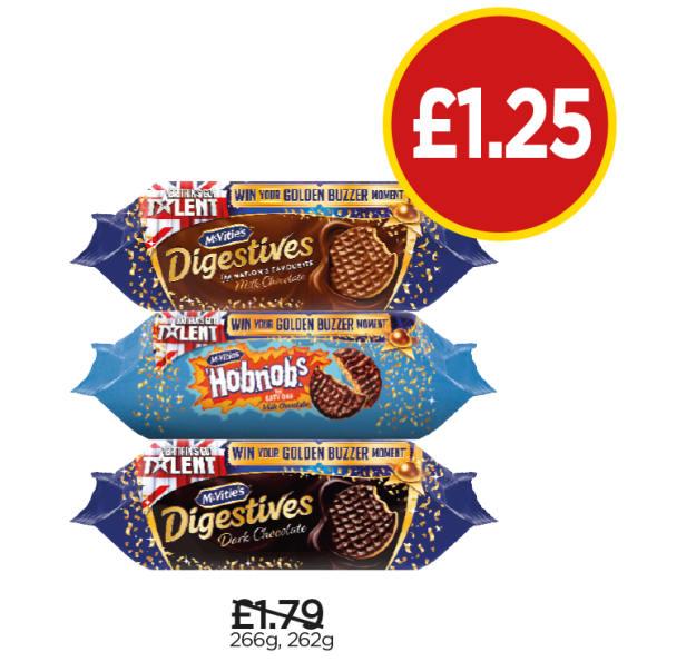 McVitie’s Milk Chocolate Digestive, Milk Chocolate Hobnobs, Dark Chocolate Digestive - Was £1.79, Now £1.25 at Budgens