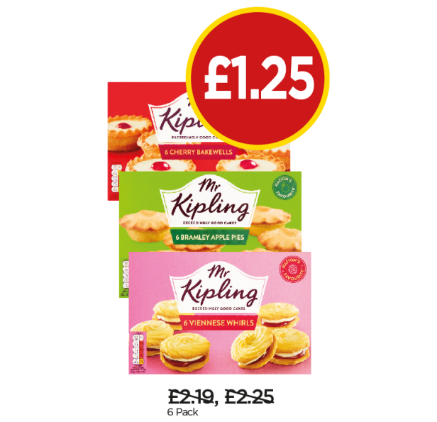 Mr Kipling Apple Pies, Cherry Bakewells, Viennese Whirls - Now £1.25 at Budgens