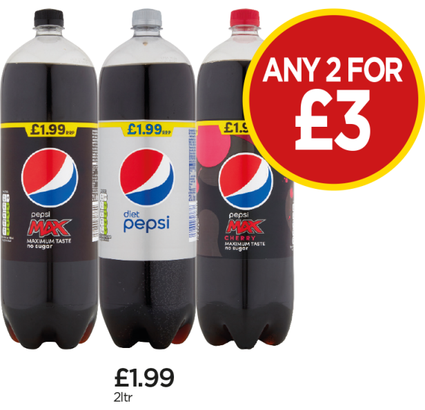 Pepsi Max, Diet, Max Cherry - Any 2 for £3 at Budgens