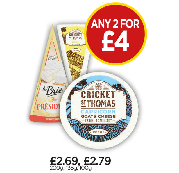 President Brie, Cricket St Thomas Brie - Any 2 for £4 at Budgens