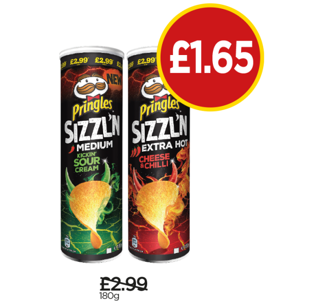Pringles Sizzl’n Kickin Sour Cream, Extra Hot Cheese & Chilli - Was £2.99, Now £1.65 at Budgens