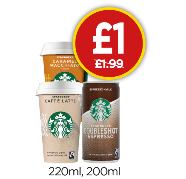 Starbucks Doubleshot Espresso, Caffe Latte, Caramel Macchiato - Was £1.99, Now £1 at Budgens