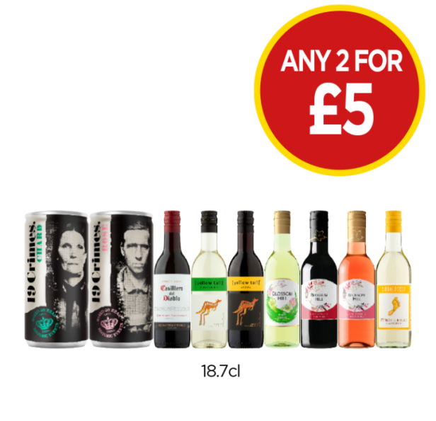 19 Crimes Chard, Rosé, Casillero Del Diablo, Yellow Tail Pinot Grigio, Shiraz, Blossom Hill Pinot Grigio, Red Wine, Rosé Wine, Barefoot Pinot Grigio - Any 2 for £5 at Budgens