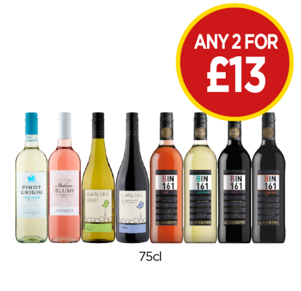 Caparelli Pinot Grigio, Italian Blush, Quirky Bird Chenin Blanc, Merlot, Hardy's Bin 161 Rosé, Pinot Grigio, Merlot, Jammy Rich Red - Any 2 for £13 at Budgens