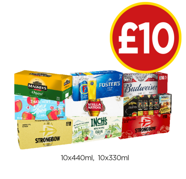Magners Original, Fosters, Budweiser, Thatcher's Juicy Apple, Stella Artois, Kopparberg Variety, Strongbow, Strawberry, Inch's Cider - Now Only £10 at Budgens