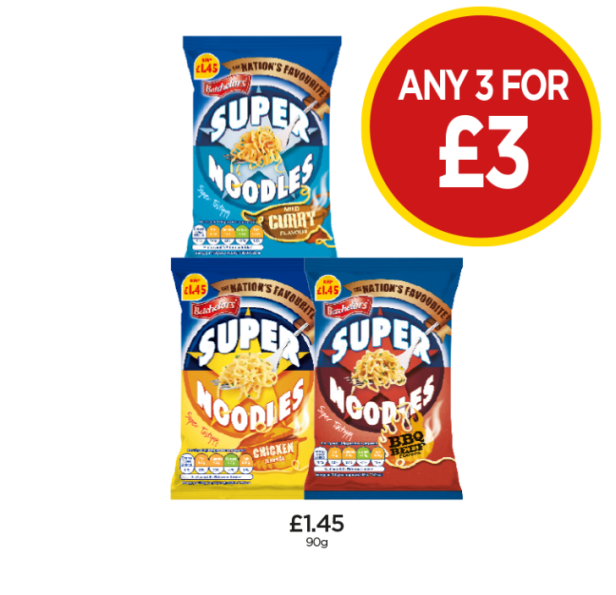 Super Noodles Curry, Chicken, BBQ - Any 3 for £3 at Budgens