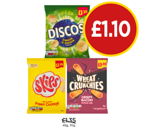 Discos Cheese & Onion, Skips, Wheat Crunchies Crispy Bacon - Now Only £1.10 at Budgens