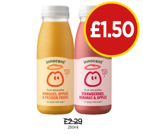 Innocent Smoothies Mangoes Apples & Passion Fruits, Strawberries Bananas & Apples - Now Only £1.50 at Budgens