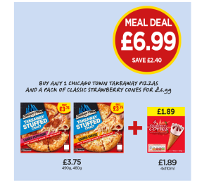 Chicago Town Takeaway Stuffed Crust Loaded Pepperoni, Cheese, Strawberry Cones - Now Only Buy Any 2 Chicago Town Pizzas And A Pack of Classic Strawberry Cones for £6.99 at Budgens