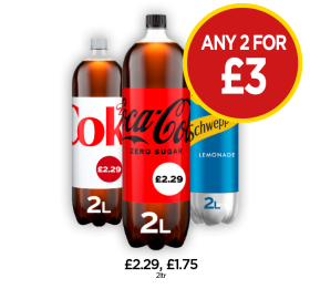 Diet Coke, Coca Cola, Schweppes - Any 2 for £3 at Budgens