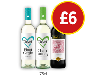I Heart Pinot Grigio, Chardonnay, Hardy's Shiraz - Now Only £6 at Budgens