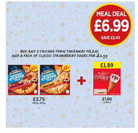 Chicago Town Takeaway Stuffed Crust Loaded Pepperoni, Cheese, Strawberry Cones - Now Only Buy Any 2 Chicago Town Takeaway Pizzas And A Pack Of Classic Strawberry Cones for £6.99 at Budgens
