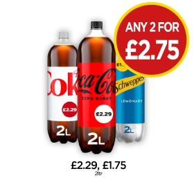 Diet Coke, Coca Cola Zero, Schweppes - Any 2 for £2.75 at Budgens
