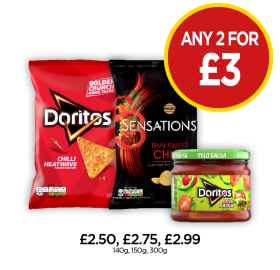 Doritos Chilli Heatwave, Mild Salsa, Sensations Thai Sweet Chilli - Any 2 for £3 at Budgens