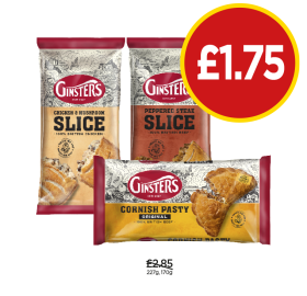 Ginsters Chicken & Mushroom Slice, Peppered Slice, Cornish Pasty - Now Only £1.75 at Budgens