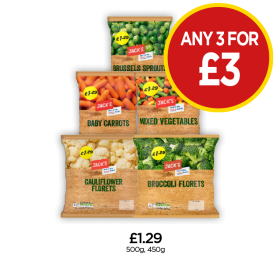 Jack's Brussels Sprouts, Baby Carrots, Mixed Vegetables, Cauliflower Florets, Broccoli Florets - Any 3 for £3 at Budgens